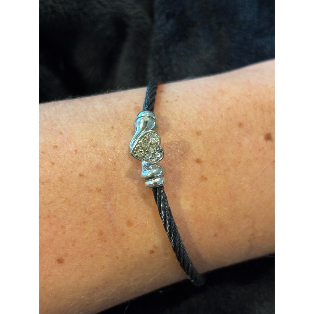 Vintage Cable Wire Heart Bangle Bracelet Black Silver Rhinestone Minimalist